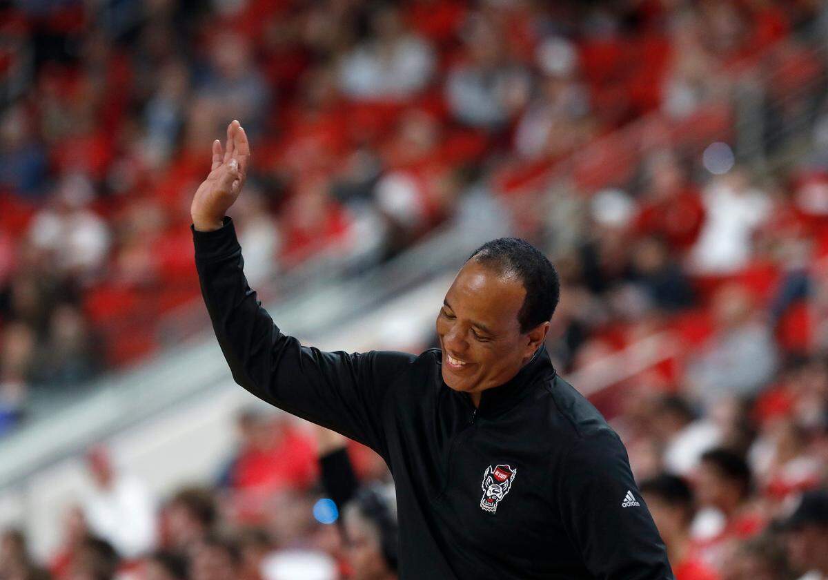 N.C. State head coach Kevin Keatts smiles following a call by an official during the second half of the Wolfpack’s 97-66 win over USC Upstate on Monday, Nov. 4, 2024, at Lenovo Center in Raleigh, N.C.