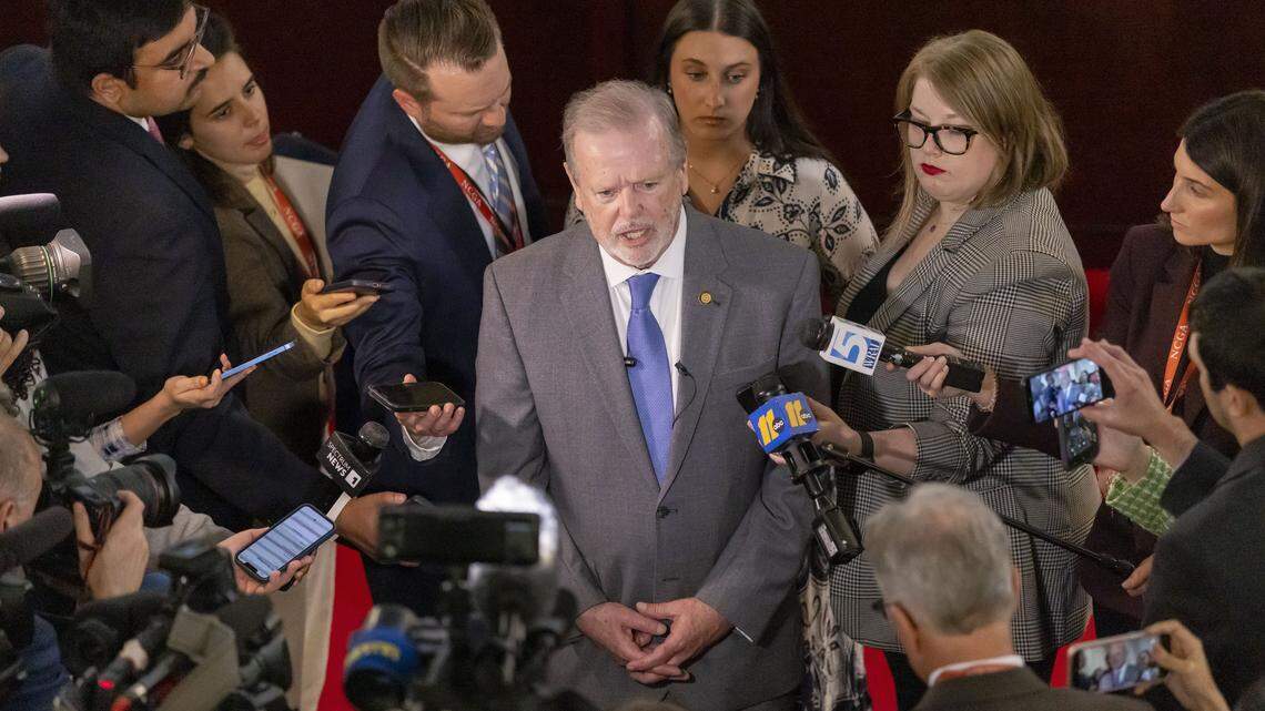 Phil Berger, Senate President Pro Tempore, holds a briefing with reporters at the conclusion of the Senate session on Tuesday, April 21, 2026 in Raleigh, N.C.