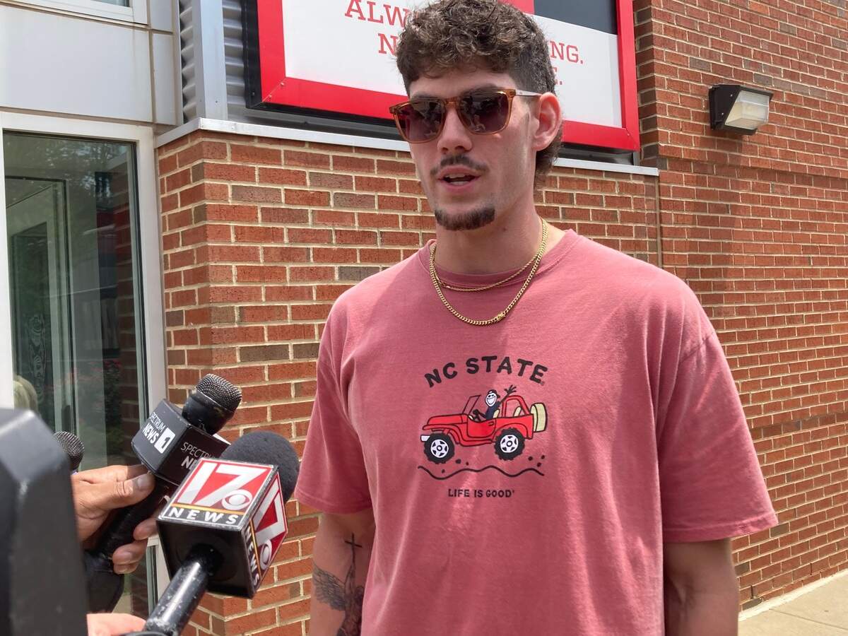 NC State outfielder Eli Serrano III discusses the Wolfpack’s upcoming trip for the NCAA Super Regional against the Georgia Bulldogs on June. 6, 2024 at Doak Field. Chip Alexander