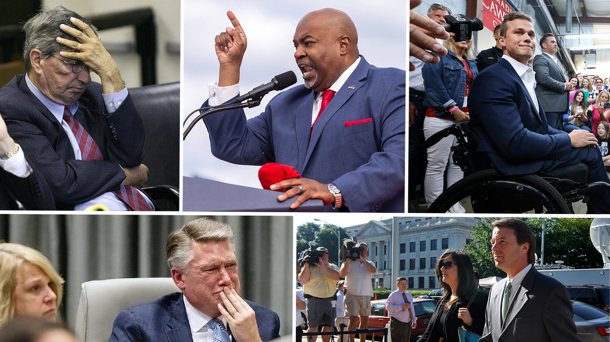 Clockwise from top right: Former NC House Speaker Jim Black,  Lt. Gov. Mark Robinson, one-term Republican Congressman Madison Cawthorn, Vice Presidential nominee John Edwards and NC GOP congressional candidate Mark Harris.