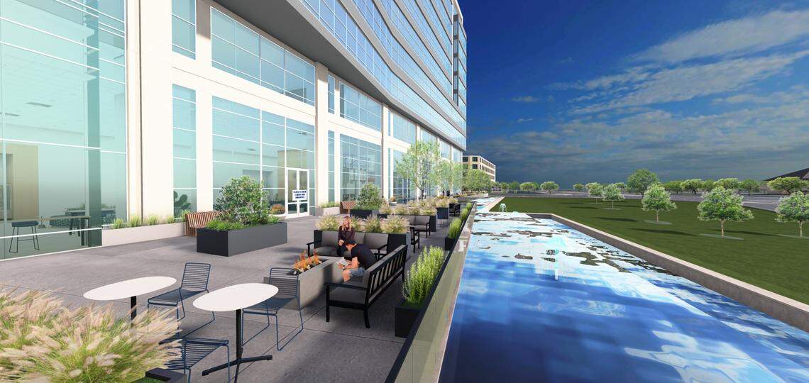 A rendering of Imperial Tower’s new waterside patio at 820 Emperor Blvd. in Durham.
