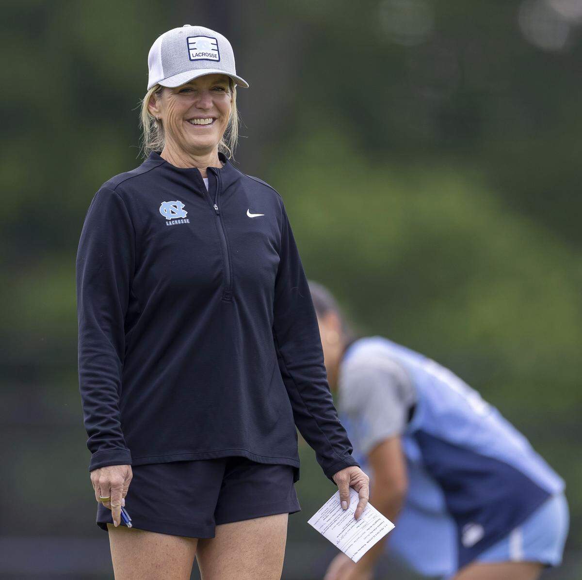North Carolina women’s lacrosse coach Jenny Levy watches her players during the Tar Heels’ practice on Wednesday, May 6, 2026 in Chapel Hill, N.C