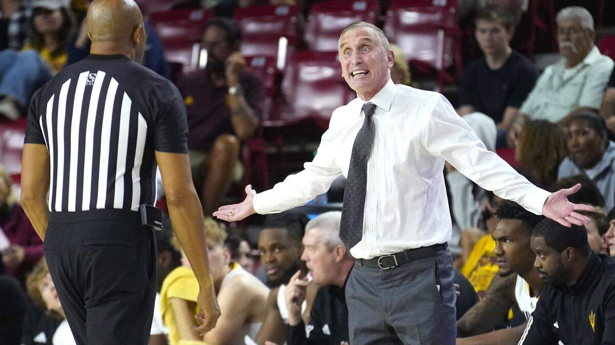 ASU head coach Bobby Hurley argues with an official during a game against Texas Southern at Desert Financial Arena in November 2023.