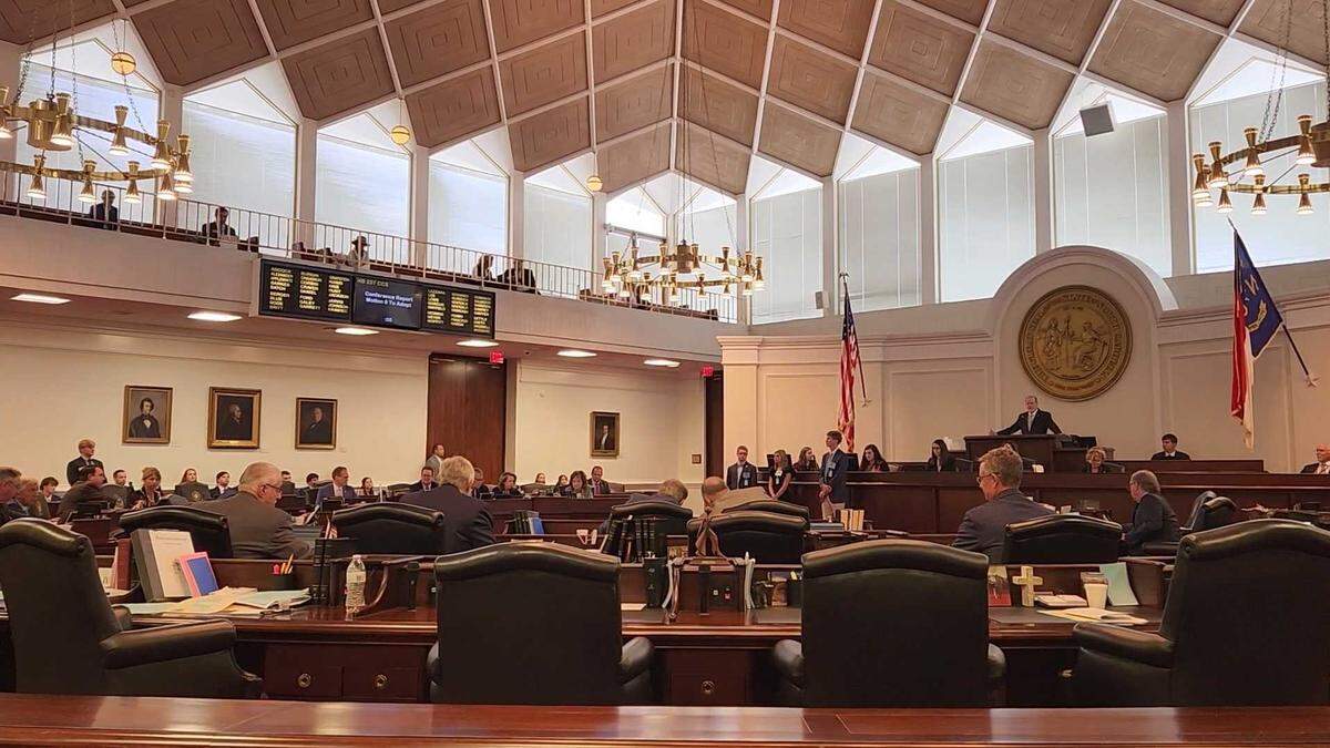 All Senate Democrats left before a vote on a mask compromise bill that also included changes to campaign finance law on Thursday, June 6, 2024. Republican Senate leader Phil Berger called out each Democratic senator’s name when tallying the vote, 28-0. There are 50 members of the Senate.