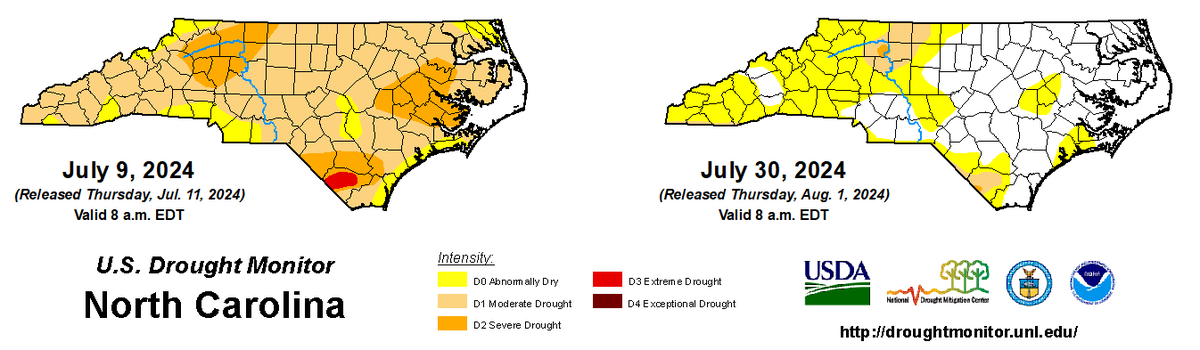 Above-average rainfall in July wiped out the drought in about half of North Carolina, but the other half remains abnormally dry. Flash flooding is possible from Tropical Storm Debby in areas where the ground is too parched to absorb heavy rains, and in areas where the ground is saturated.
