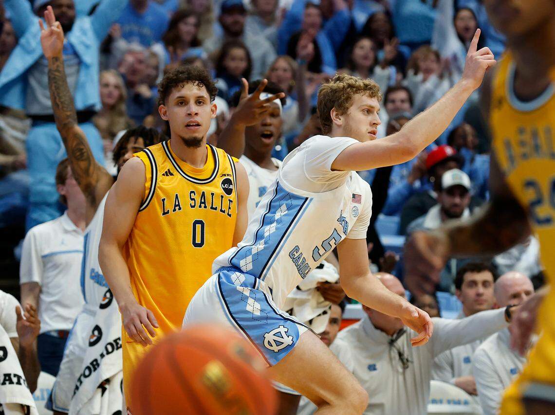 North Carolina’s Cade Tyson reacts after knocking down a three-point basket during the second half of the Tar Heels’ 93-67 win over La Salle on Saturday, Dec. 14, 2024, at the Smith Center in Chapel Hill, N.C.