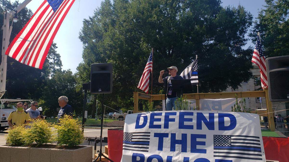 Gadi Adelman speaks during a Back the Blue NC rally and march in downtown Raleigh on Saturday, August 8, 2020.
