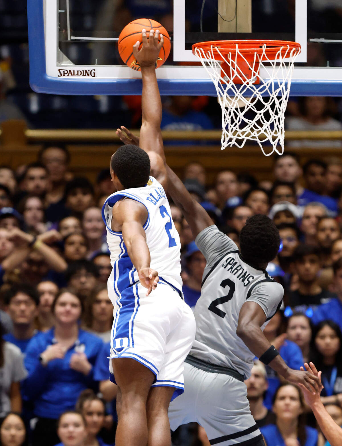Duke’s Jaylen Blakes (2) blocks the shot by USC Upstate’s Justin Bailey (2) during the first half of Duke’s game against USC Upstate at Cameron Indoor Stadium in Durham, N.C., Friday, Nov. 11, 2022.