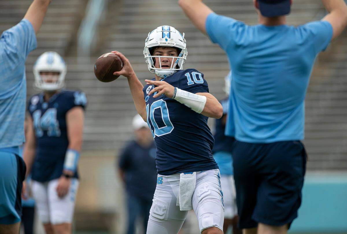North Carolina quarterback Drake Maye (10) warms up for the Tar Heels’ spring football game on Saturday, April 15, 2023 at Kenan Stadium in Chapel Hill, N.C.