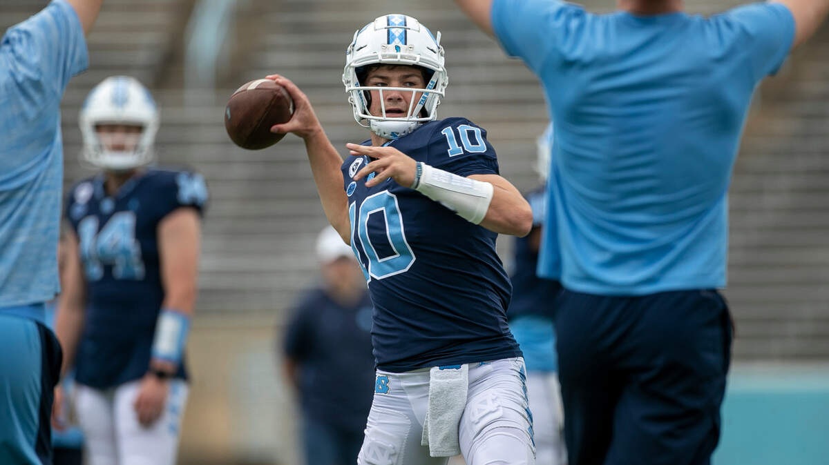 North Carolina quarterback Drake Maye (10) warms up for the Tar Heels’ spring football game on Saturday, April 15, 2023 at Kenan Stadium in Chapel Hill, N.C.
