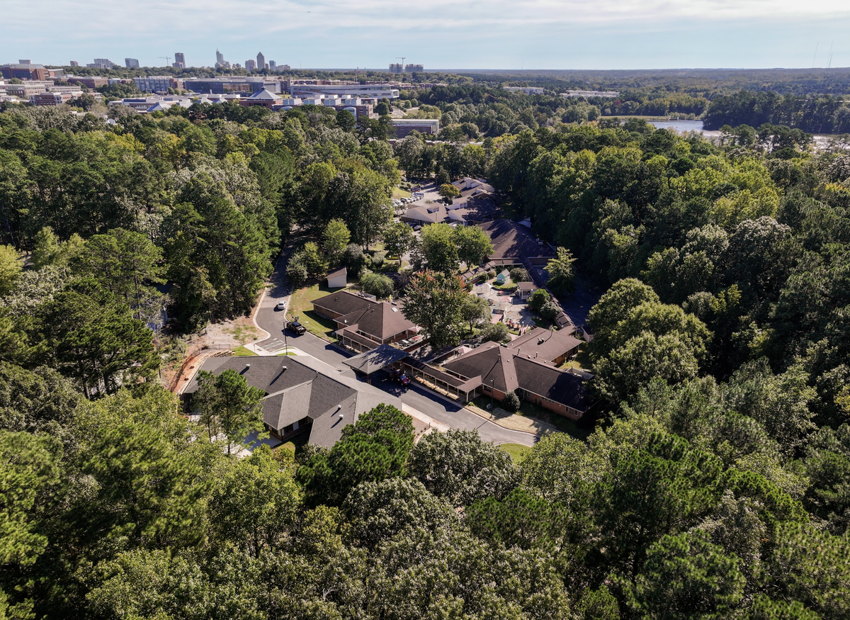 An aerial view of TLC, a nine-acre campus at the end of Chappell Drive off of Avent Ferry Road for people with special needs.