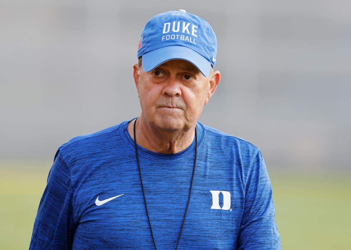 Duke head coach David Cutcliffe walks onto the field before Duke’s first practice of fall camp in Durham, N.C., Thursday, August 5, 2021.