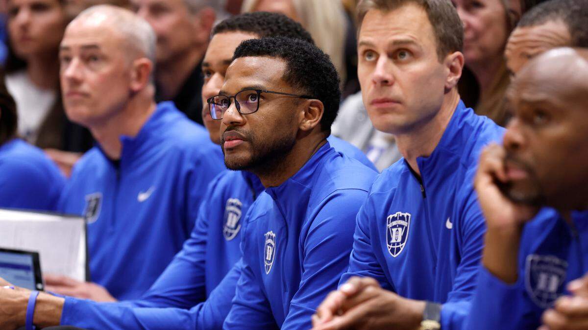 Duke associate head coach Jai Lucas watches during the second half of Duke’s 100-65 victory over Florida State at Cameron Indoor Stadium in Durham, N.C., Saturday, March 1, 2025. To his right is head coach Jon Scheyer.