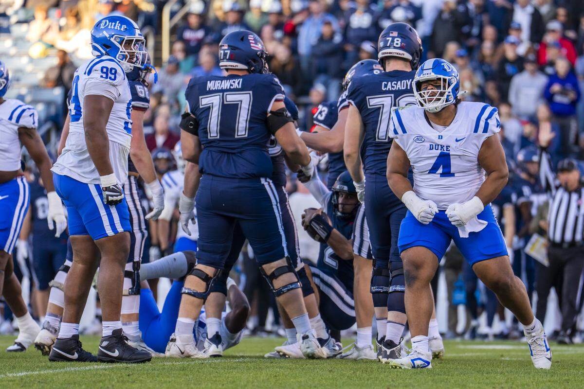 Duke’s Josiah Green (4)  reacts after a sack of UConn quarterback Joe Fagnano in the first half, November 08, 2025 in East Hartford, Connecticut.