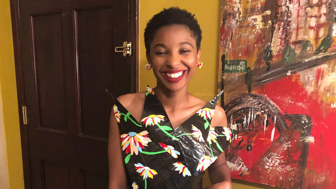 Her Duck tape prom dress is a finalist in a national contest. Her famous father could help her win it all.