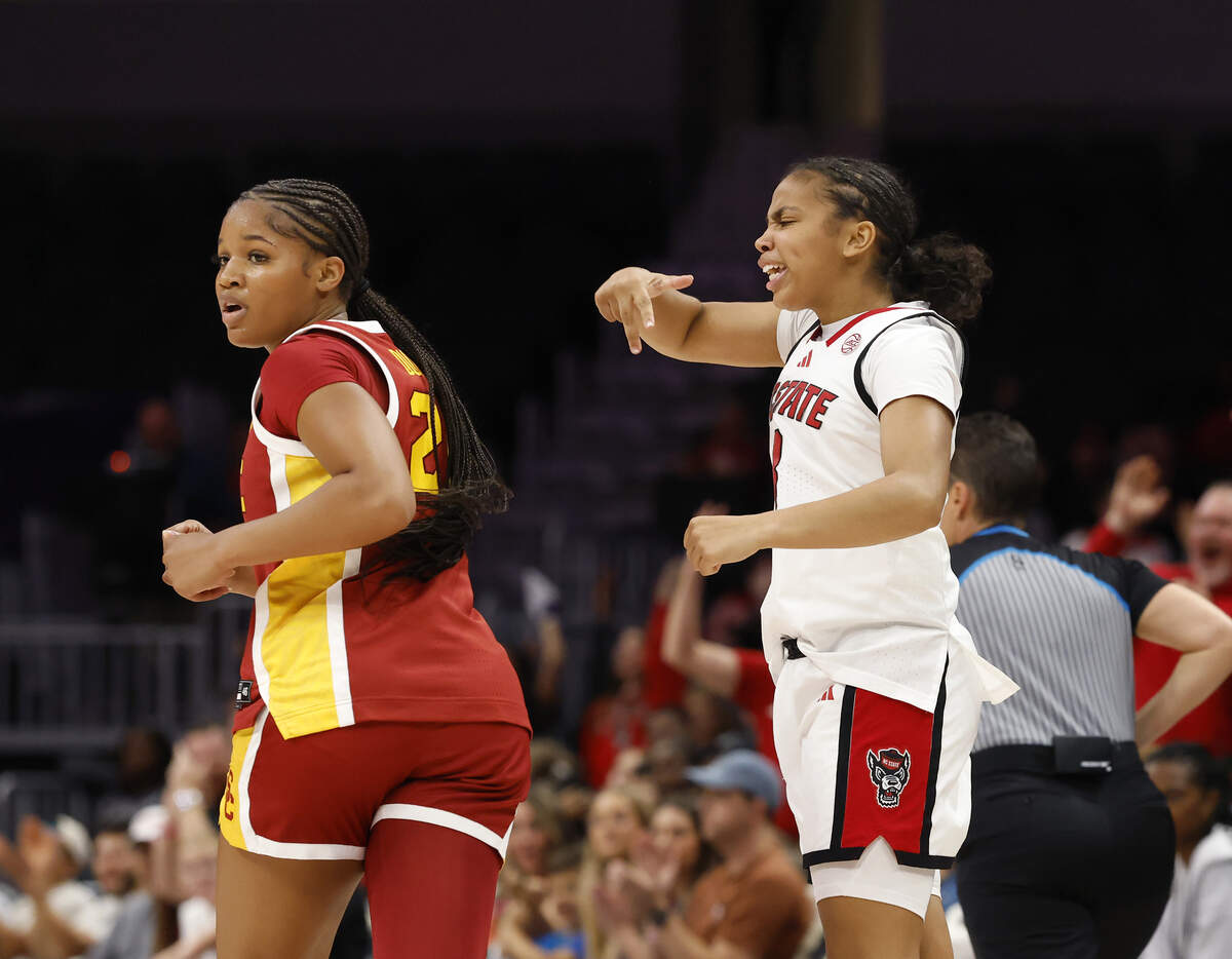 N.C. State’s Zamareya Jones reacts after scoring during the second half of the Wolfpack’s 69-68 loss to Southern California in the Ally Tipoff game on Sunday, Nov. 9, 2025, at Spectrum Center in Charlotte, N.C.