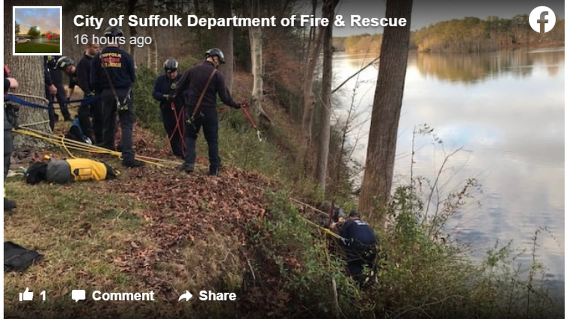 A couple was rescued after falling 10-25 feet down a 40-foot embankment in Suffolk, Virginia, officials said.