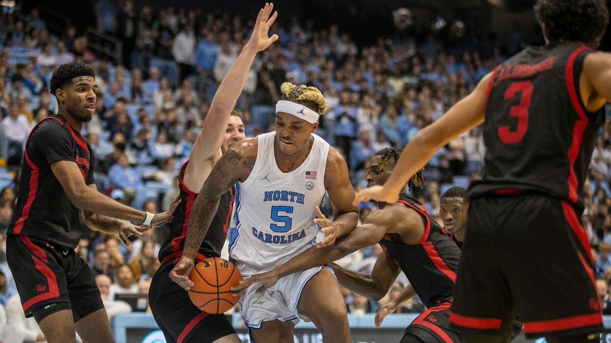 North Carolina’s Armando Bacot (5) is trapped by the Gardner-Webb defense during the second half on Tuesday, November 15, 2022 at the Smith Center in Chapel Hill, N.C. Bacot was held to 10 points and nine rebounds in the Tar Heels’ victory.