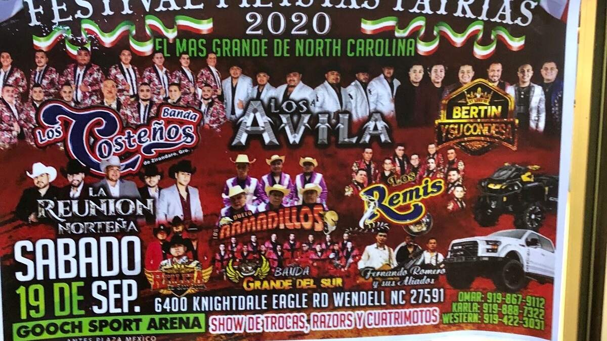 A flyer for the Mexican Independence Day concert held at Gooch Sports Arena in Wendell, NC on Sep. 19, 2020 posted outside La Bonita grocery store in Cary, NC with a “tickets here” sign posted above it.