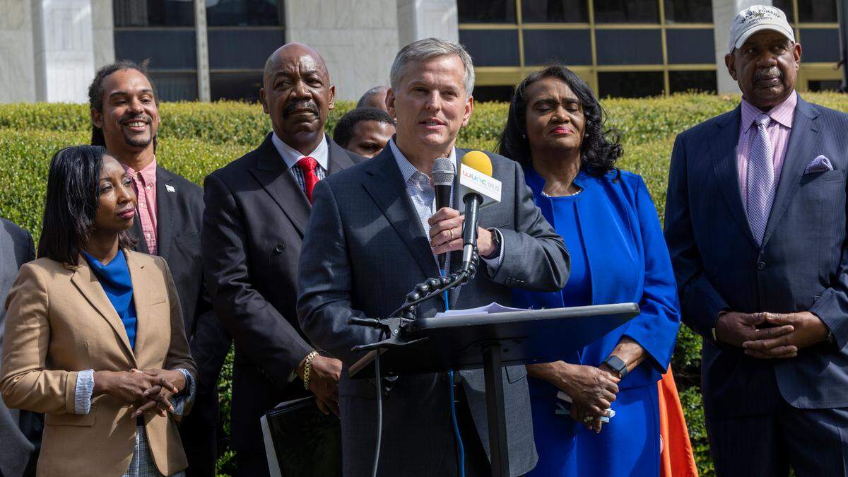 Democratic gubernatorial candidate, Attorney General Josh Stein, speaks during a press conference hosted by North Carolina Black political action committees outside the North Carolina General Assembly on Wednesday, Sept. 4, 2024. Political action committees including Simkins PAC, Durham Committee and Raleigh Wake Citizens endorsed a slate of statewide candidates made up entirely of Democrats.