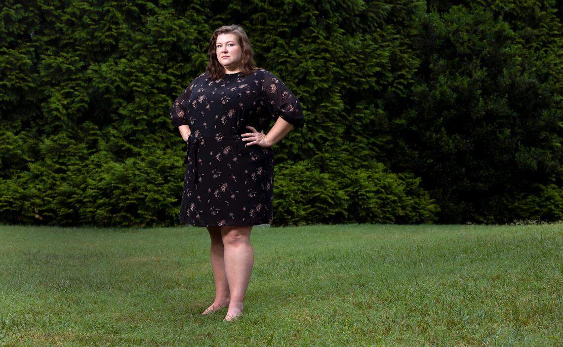 Rachel Veazey poses in Durham, N.C., Tuesday, August 29, 2023. Veazey, a genetic counselor in North Carolina, says of Senate Bill 20, which bans most abortions after 12 weeks, “that is heartbreaking, from my genetic counselor perspective, to try to force the family to go down a road that they would not have to go down in another situation. And I think we’re going to have to see a lot more of that.”