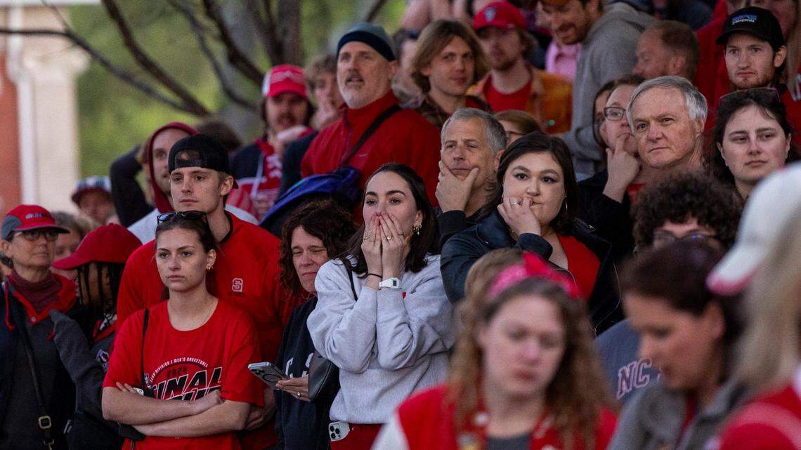 NC State fans watch the Wolfpack play Purdue in the Final Four during a watch party on Hillsborough Street in Raleigh on Saturday, April 6, 2024. Purdue won 63-50.