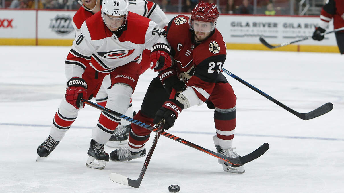 Carolina Hurricanes center Sebastian Aho (20) and Arizona Coyotes defenseman Oliver Ekman-Larsson battle for the puck in the second period during an NHL hockey game, Friday, Nov. 2, 2018, in Glendale, Ariz.