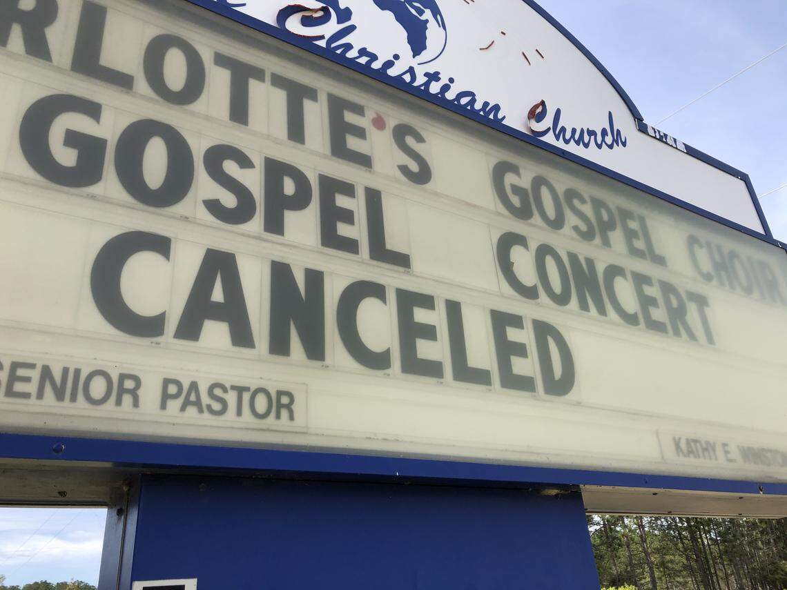 A sign at a church north of Southern Pines, NC, announces the cancellation of a gospel concert. Organizers of any events likely to draw crowds have canceled or postponed in light of the coronavirus threat. Photo taken March 14, 2020.
