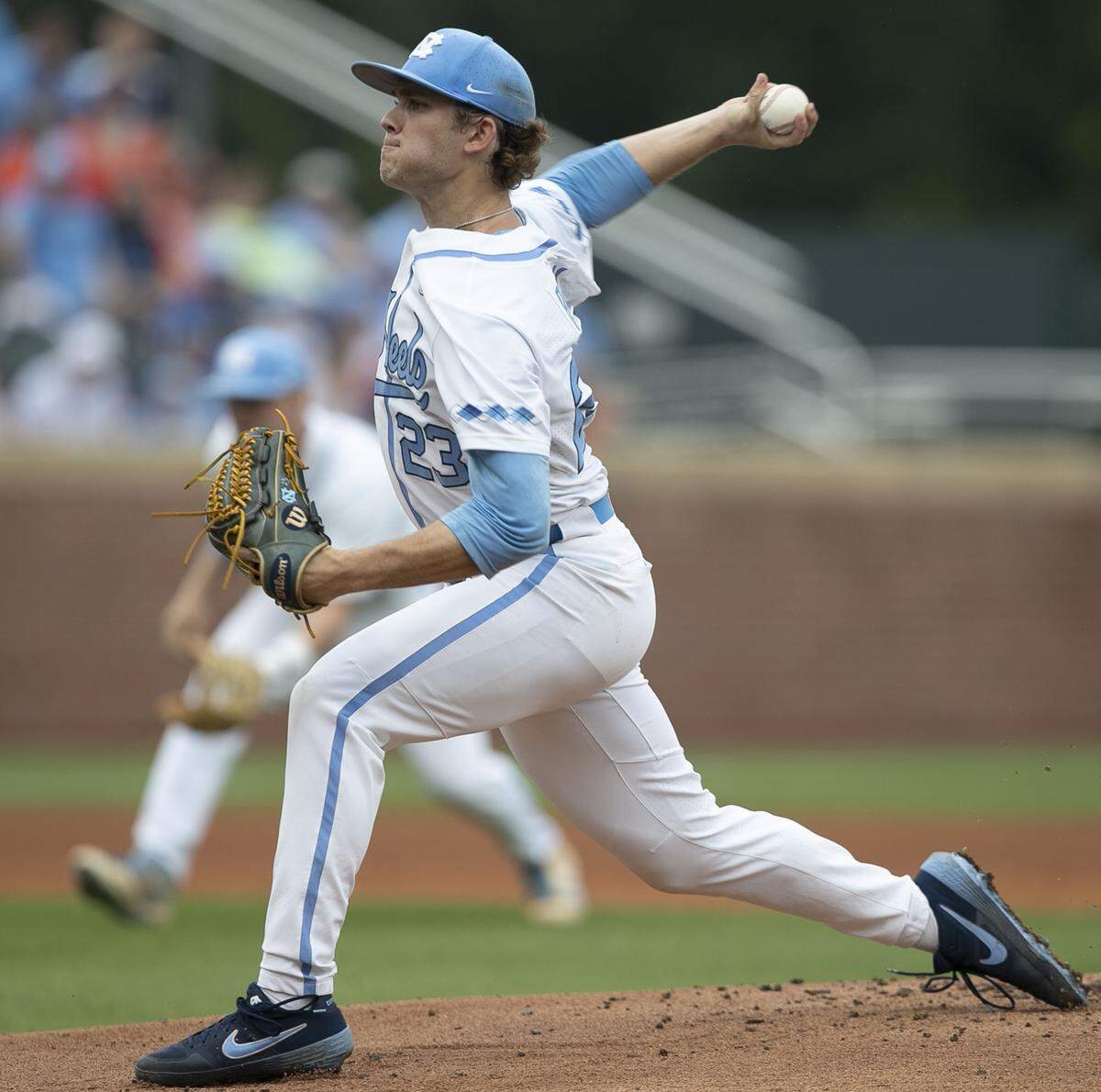 North Carolina starting pitcher Tyler Baum (23) works from the mound in the first inning against Auburn during the NCAA Super Regional on Saturday, June 8, 2019 at Boshamer Stadium in Chapel Hill, N.C.