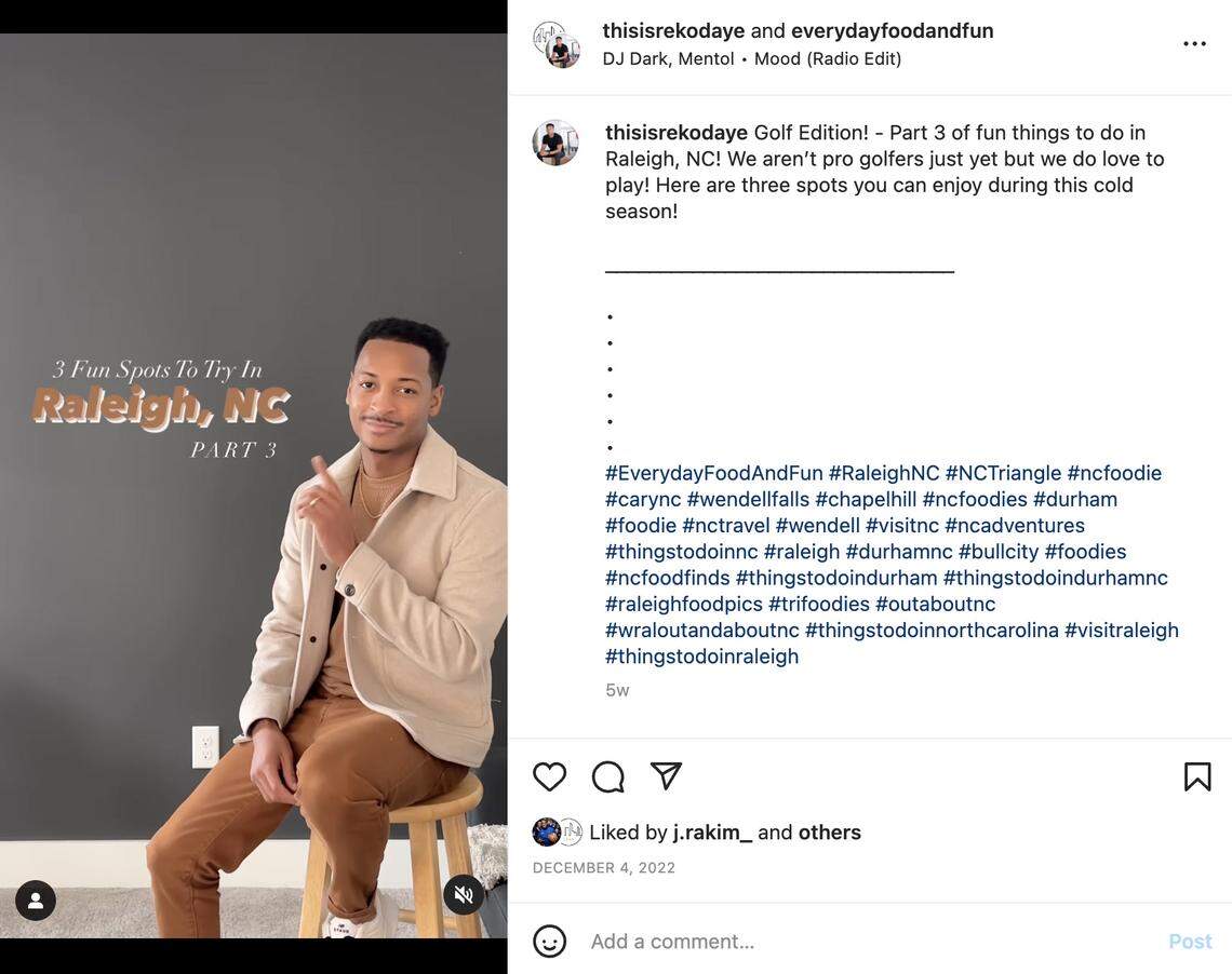 Reko and Nyema Daye, @everydayfoodandfun on Instagram, post on date night ideas, entertainment, local food and just for fun.