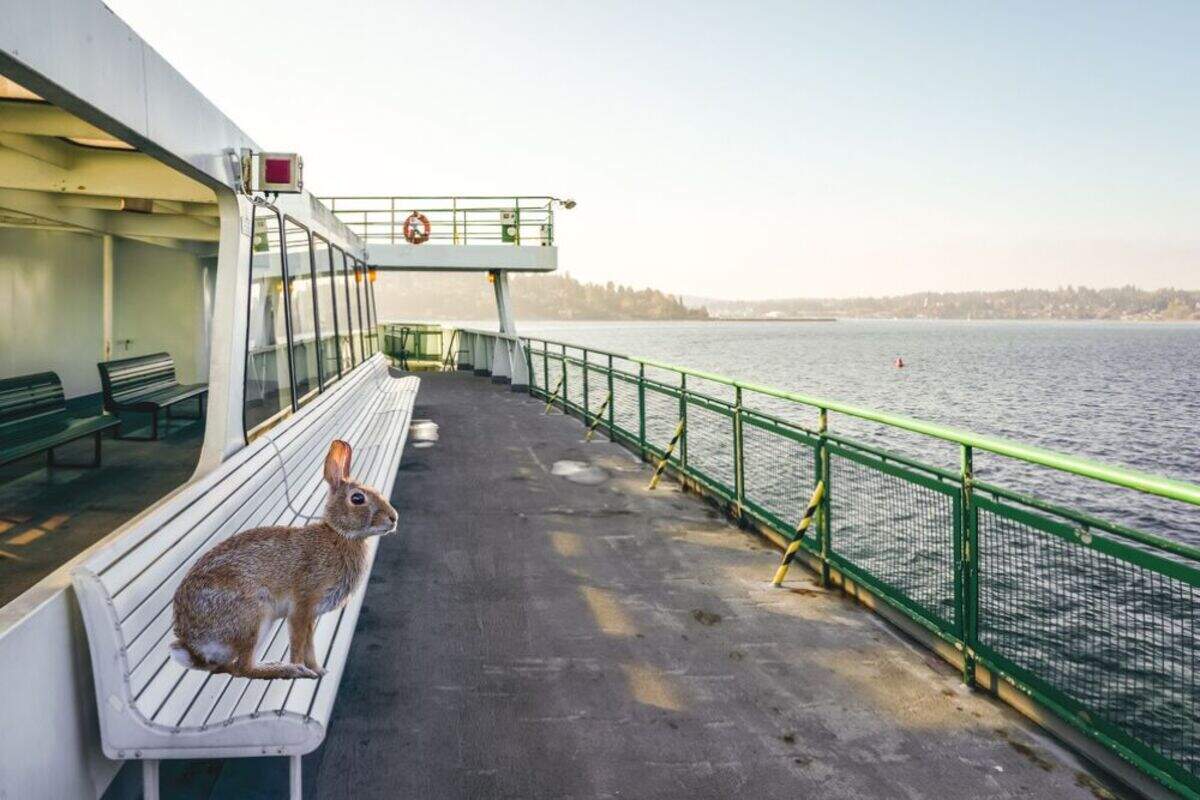 The NC Wildlife Resources Commission posted an edited photo Monday afternoon of a large Eastern Cottontail rabbit sitting on a ferry bench as a joke referencing the Netflix series “Outer Banks”.