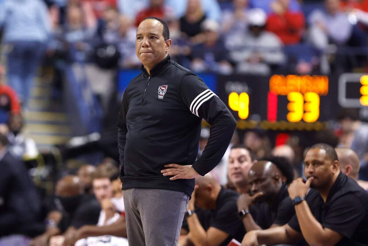 N.C. State head coach Kevin Keatts reacts to the Wolfpack’s play during the first half of N.C. State’s game against Clemson in the quarterfinals of the ACC Men’s Basketball Tournament in Greensboro, N.C., Thursday, March 9, 2023.