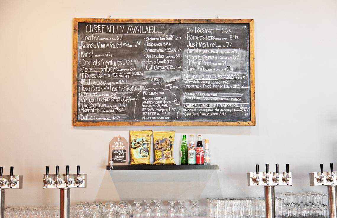 The menu board at Funguys Brewing in Raleigh on Tuesday, June 28, 2022.