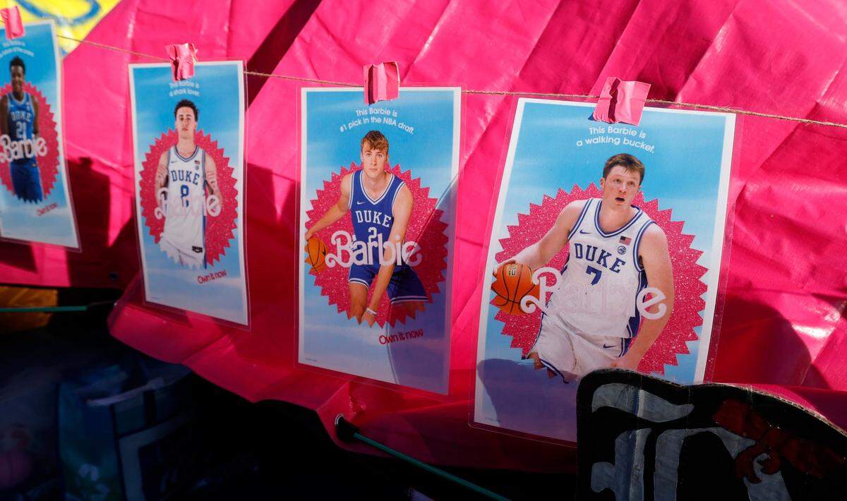 Decorations outside tents in Krzyzewskiville at Duke University in Durham, N.C., Tuesday, Jan. 28, 2025.