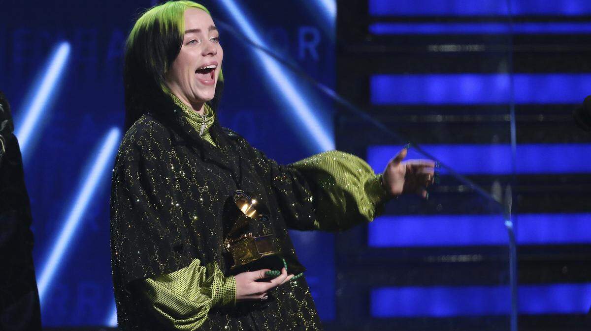 Billie Eilish accepts the award for record of the year for “Bad Guy” at the 62nd annual Grammy Awards on Sunday, Jan. 26, 2020, in Los Angeles.