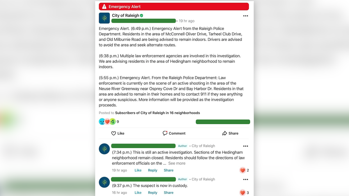 A screenshot of the emergency alert the City of Raleigh sent on the Nextdoor app.