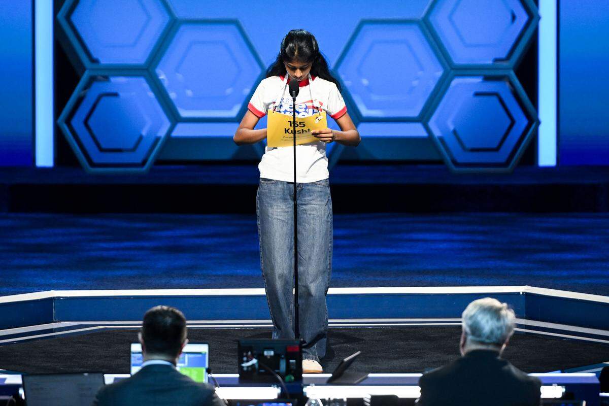 Kushi Gottimukkala of Carnage Middle School in Raleigh, competes in the 2026 Scripps National Spelling Bee in Washington, DC on Tuesday, May 26, 2026. Gottimukkala qualified for a spot in the finals.