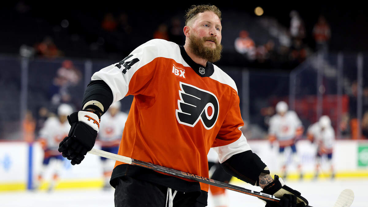 Nicolas Deslauriers of the Philadelphia Flyers looks on during pregame warmups before a preseason game against the New York Islanders at Xfinity Mobile Arena on Oct. 2, 2025 in Philadelphia, Pennsylvania.