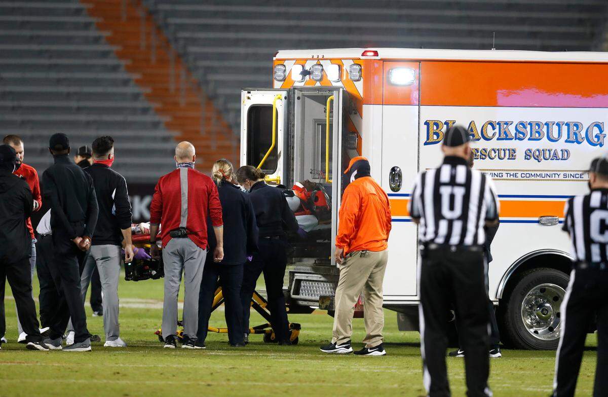 N.C. State’s Khalid Martin is taken off the field in an ambulance after being injured during the Wolfpack’s game against Virginia Tech at Lane Stadium in Blacksburg, VA Saturday, Sept. 26, 2020.
