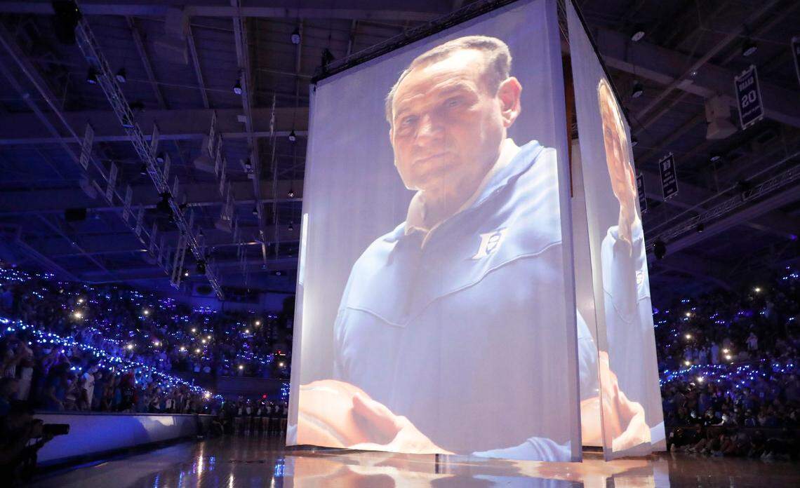 A video of Duke head coach Mike Krzyzewski is shown on center court during Countdown to Craziness at Cameron Indoor Stadium in Durham, N.C., Friday, October 15, 2021.