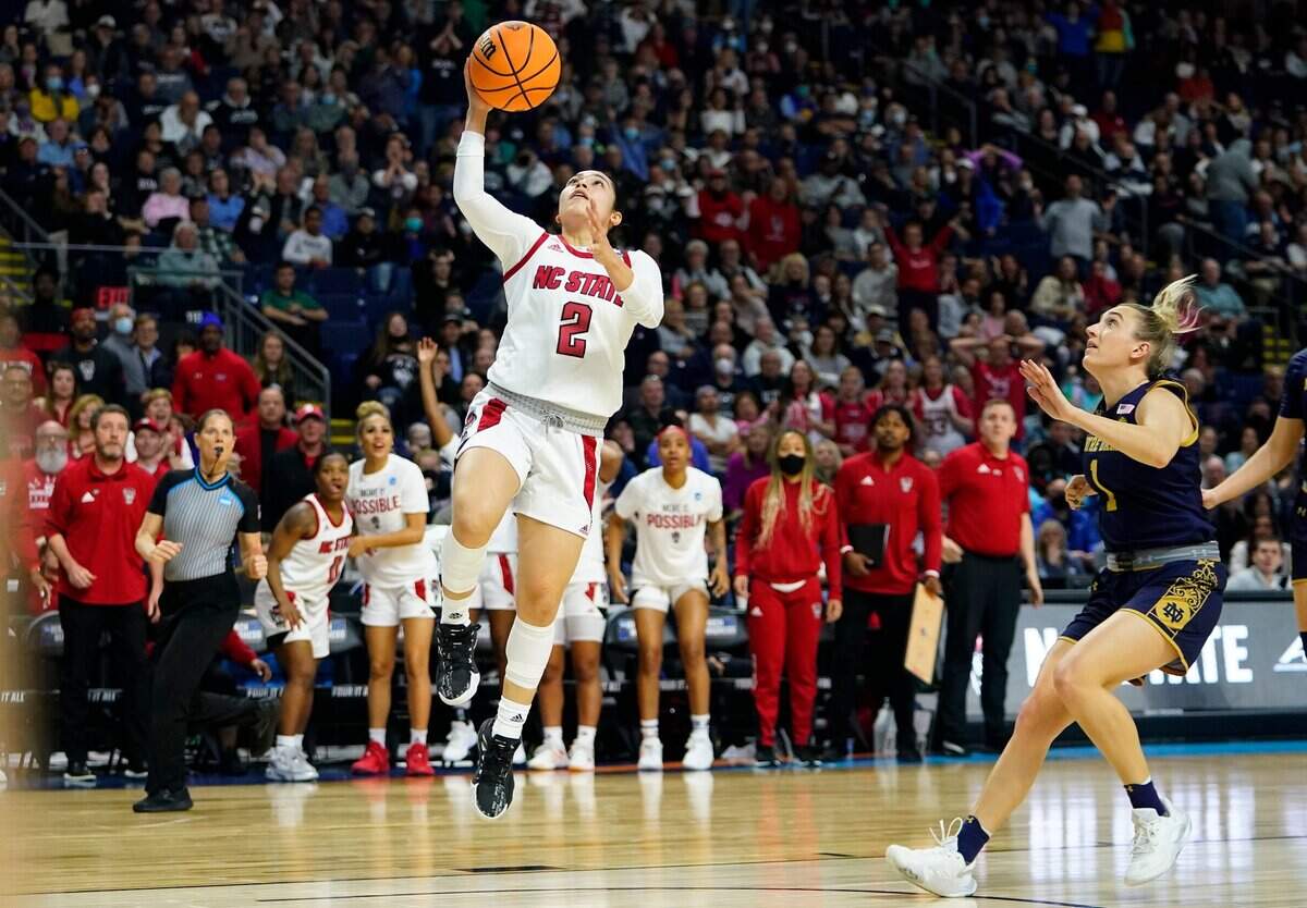 North Carolina State guard Raina Perez (2) goes to the basket for a shot against Notre Dame to put her team up by one point late in the fourth quarter of a college basketball game in the Sweet Sixteen round of the NCAA women’s tournament, Saturday, March 26, 2022, in Bridgeport, Conn. (AP Photo/Frank Franklin II)