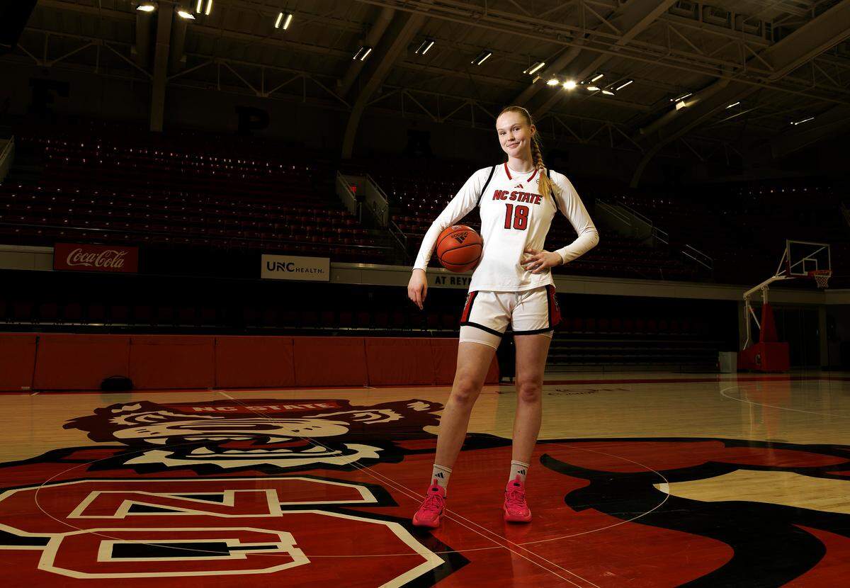 N.C. State’s Tilda Trygger poses for a portrait at Reynolds Coliseum on Tuesday, Jan. 21, 2025, in Raleigh, N.C.