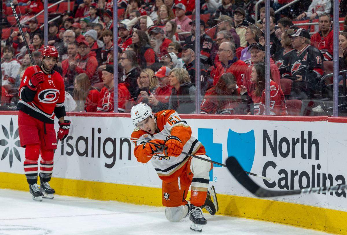 Anaheim Ducks left wing Cutter Gauthier (61) reacts after scoring the game winning goal in overtime to give the Ducks’ a 3-2 victory over the Carolina Hurricanes on Sunday, January 12, 2025 at Lenovo Center in Raleigh, N.C.