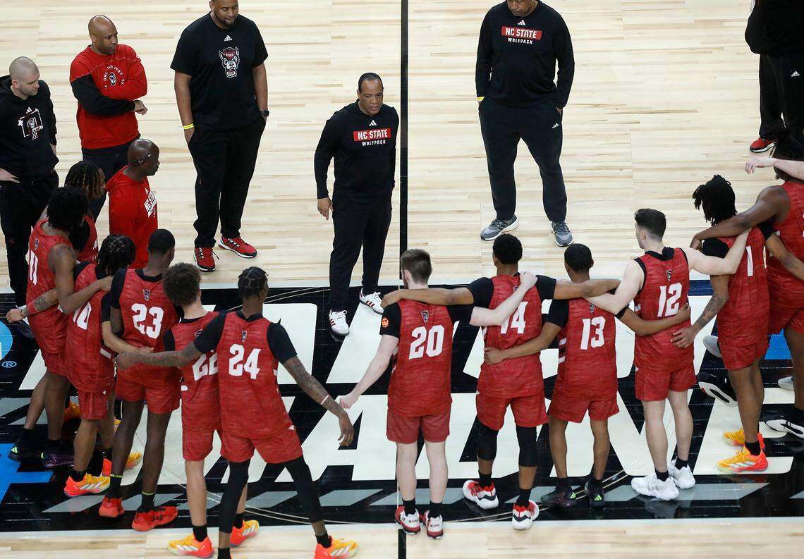 N.C. State head coach Kevin Keatts gathers his team at center court following practice on Wednesday, March 20, 2024, at PPG Paints Arena in Pittsburgh, Pa. The Wolfpack face sixth-seeded Texas Tech in the first round of the NCAA Tournament on Thursday.