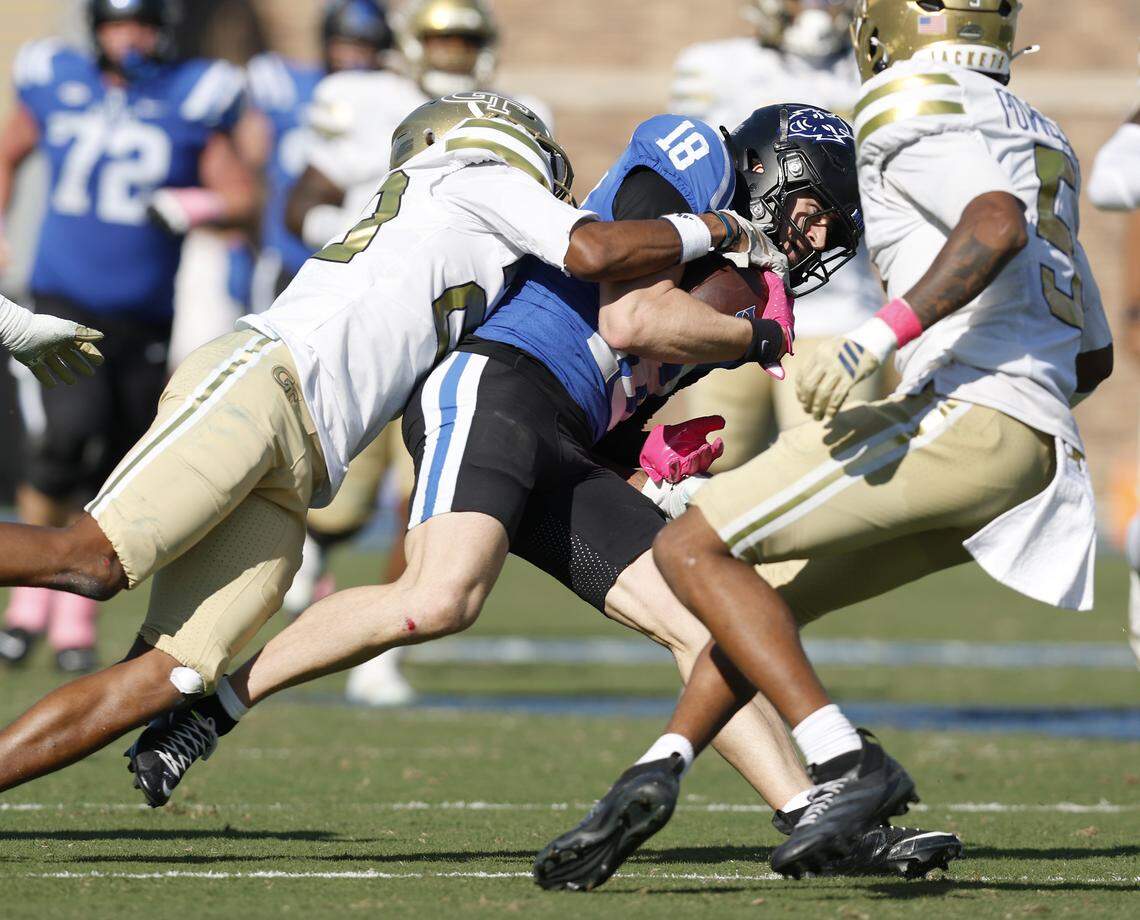Duke wide receiver Cooper Barkate is tackled by Georgia Tech defensive back Zachary Tobe during the second half of the Blue Devils’ 27-18 loss on Saturday, Oct. 18, 2025, at Wallace Wade Stadium in Durham, N.C.