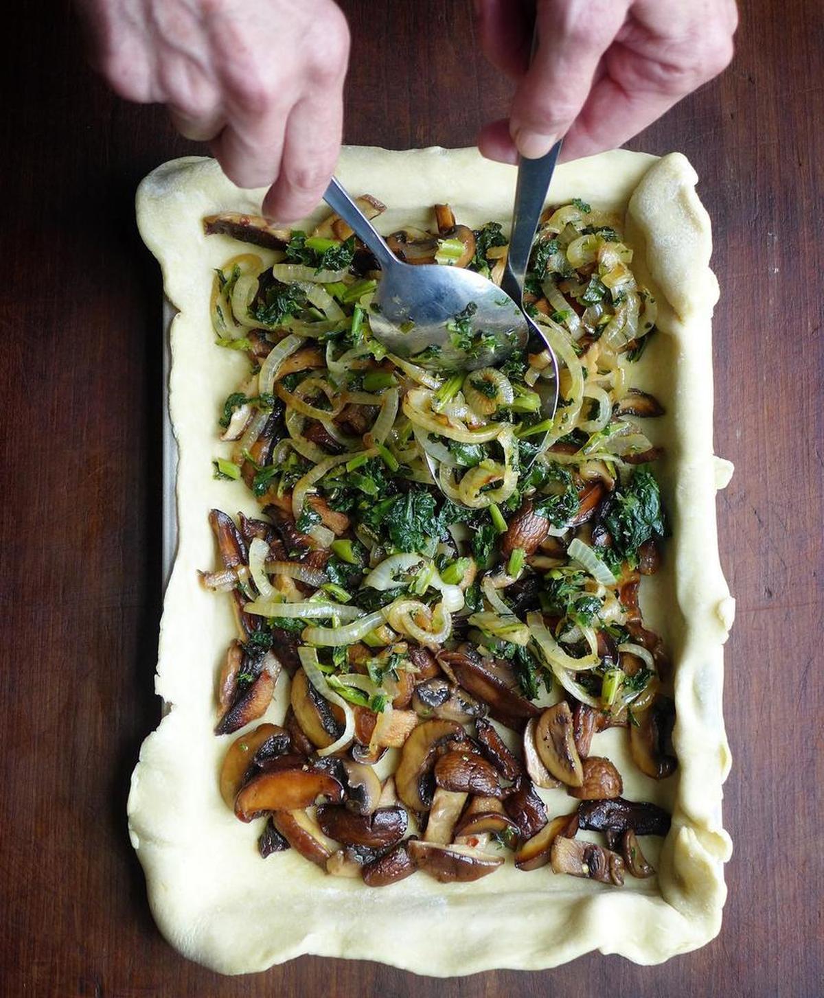 Pan-Roasted Mushroom and Kale Slab Pie with an All-Butter Crust from the new cookbook, “Pie Squared” by Cathy Barrow.