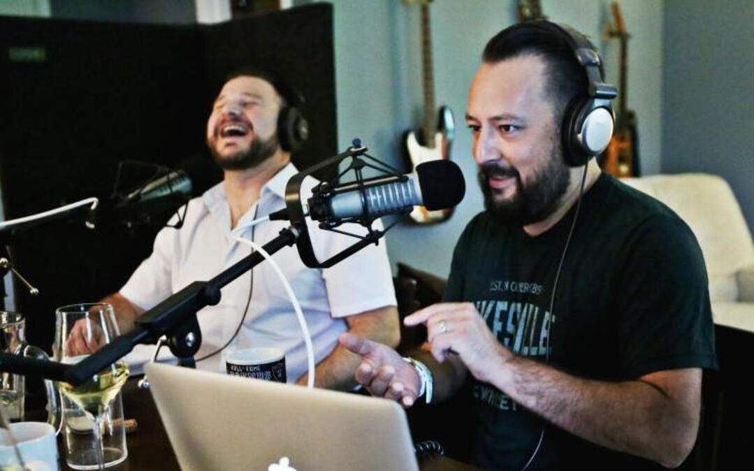 Matt Weiss, left, laughs as Max Trujillo, right, interviews Gaurav “G” Patel, of Eschelon Experiences, for their podcast, NC F&B podcast, at Trujillo’s Raleigh home on Tuesday, May 23, 2017.