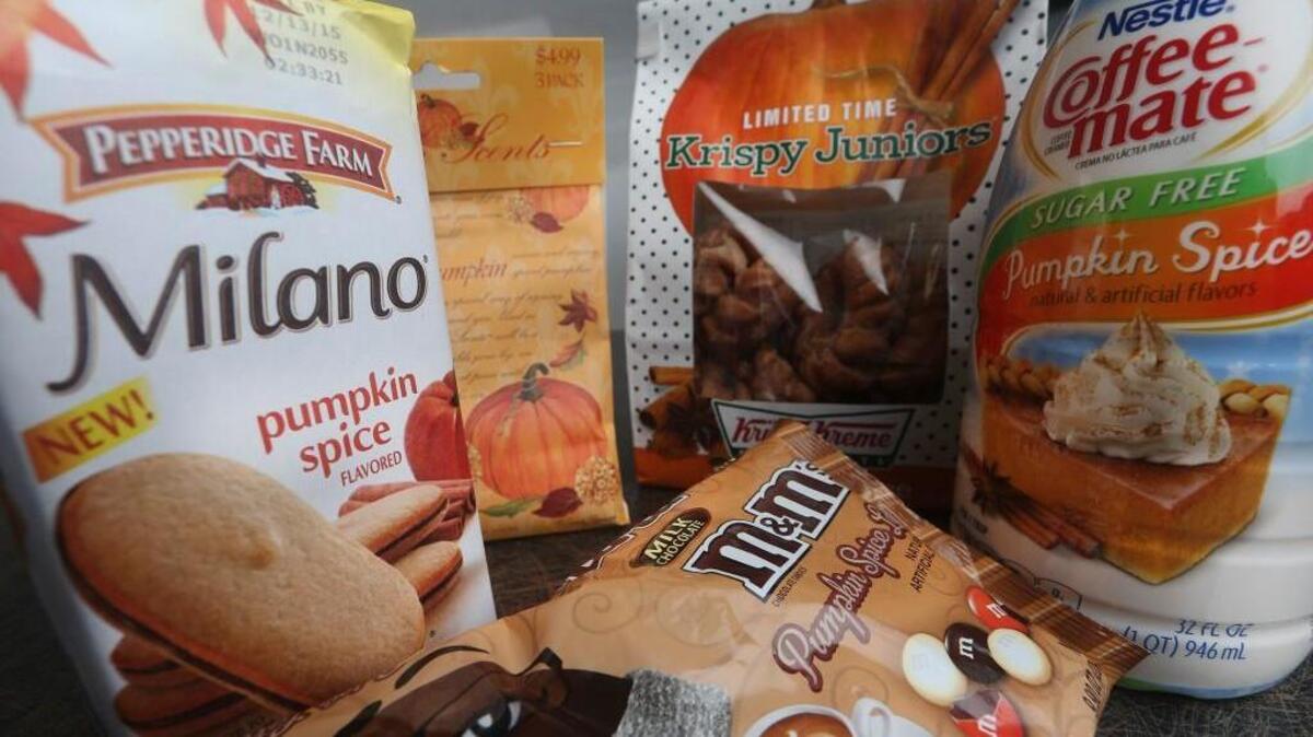 
In this photo taken Saturday, Sept. 12, 2015, pumpkin spice products ranging from cookies and donuts to candy and air freshener are shown in Atlanta. These days, pumpkin spice is a modifier on a list of foods that grows longer each fall: There are pumpkin spice lattes and breakfast cereals, doughnuts and yogurt-coated pretzels, pancakes and candy, even pizza and beer.
