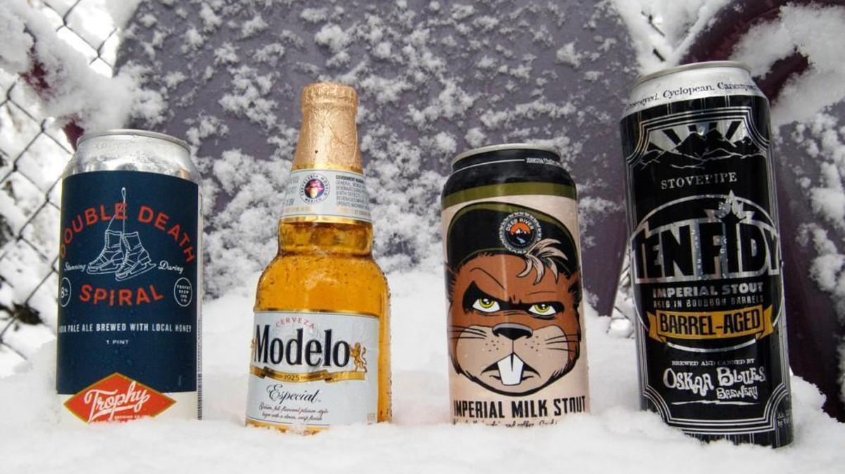 Snow days seem to call out for a beer. Four to consider are, from left to right, Trophy Double Death Spiral double IPA, Model Especial, Deep River Brewing Collaboration without Representation chocolate milk stout and Oskar Blues Ten Fidy imperial stout.