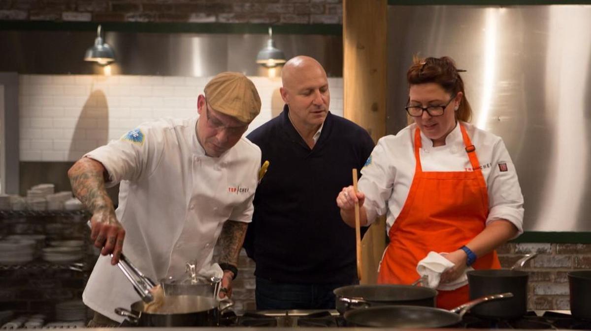 Lynch, left, cooking with Louisville chef Annie Pettry, found host Tom Colicchio ‘intimidating.’